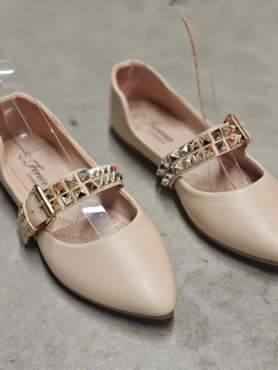 Studded Metallic Strap Beige Pointed-Toe Flats For Girls - Comfortable & Stylish - Picture 5 of 10